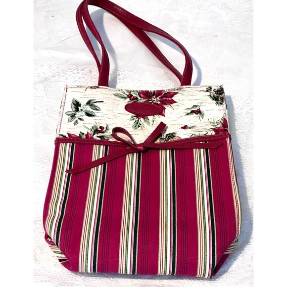 Longaberger Holiday Poinsettia Tote Bag Magnetic Handle Snap Closure Bow Accent - Picture 10 of 10